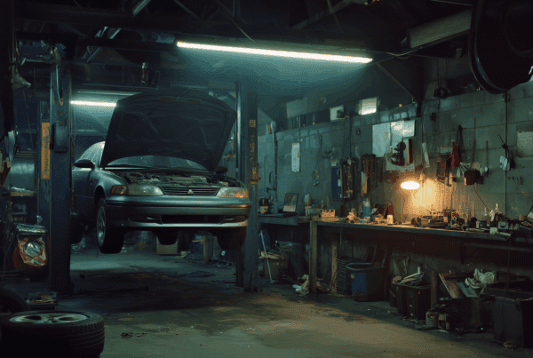 a car suspended in a mechanic's workshop