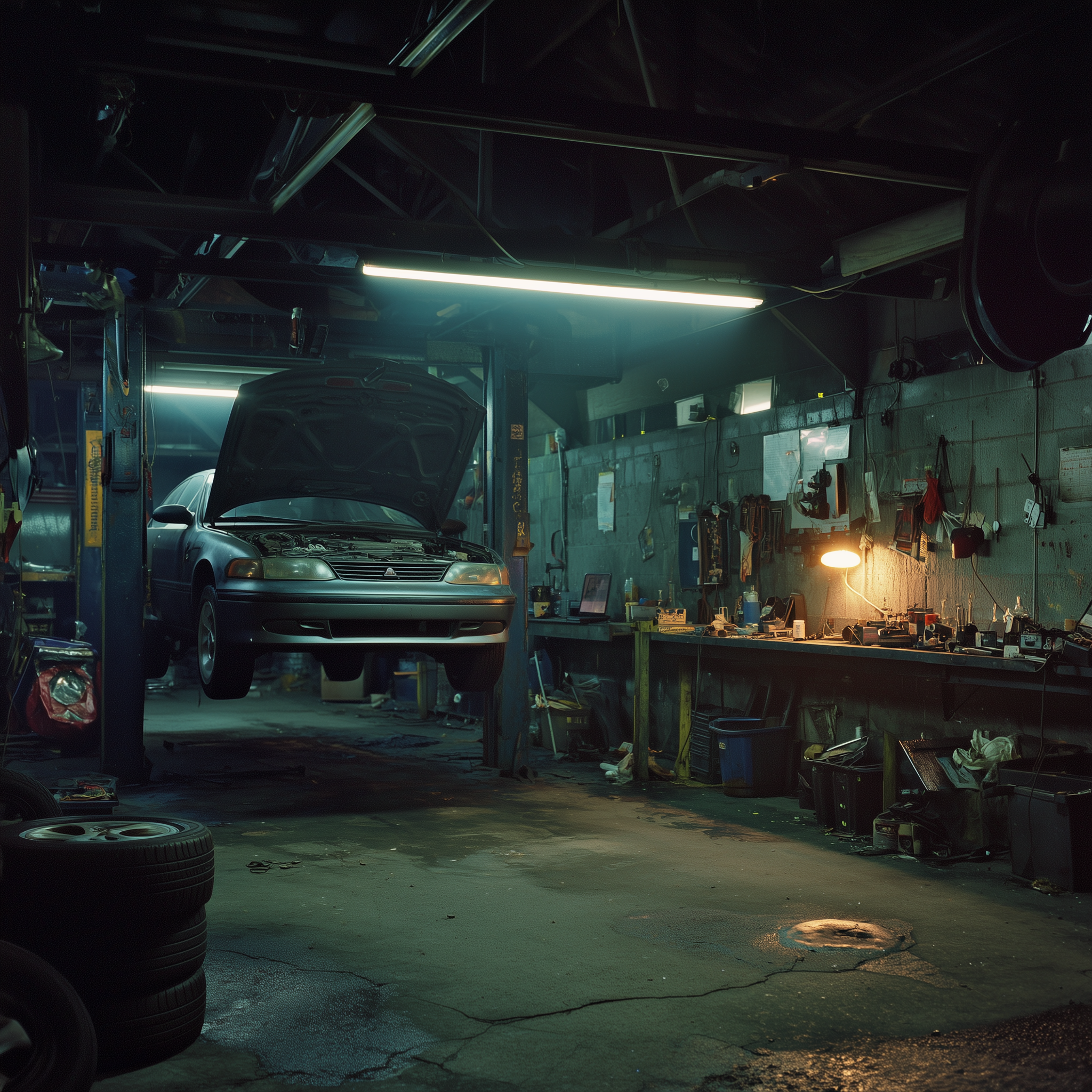 a car suspended in a mechanic's workshop